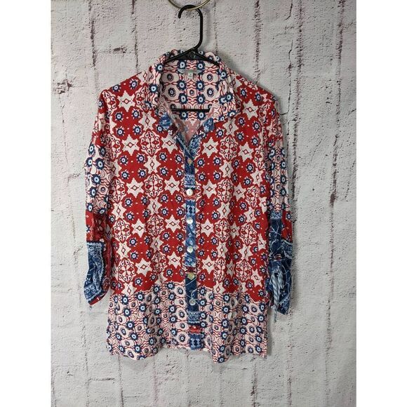 John Mark‎ Red & Blue Cinch Tie Sleeve Multicolor Button up Shirt Sz S Small - Picture 1 of 11